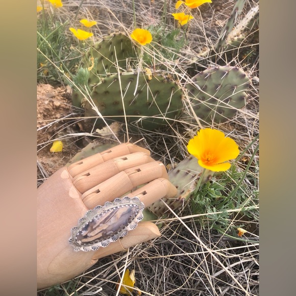 Handcrafted Southwestern Silver Inlaid Stick Agate Ring - Picture 7 of 14